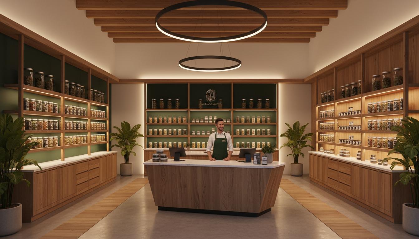 Budtender at the counter of a modern Oklahoma dispensary