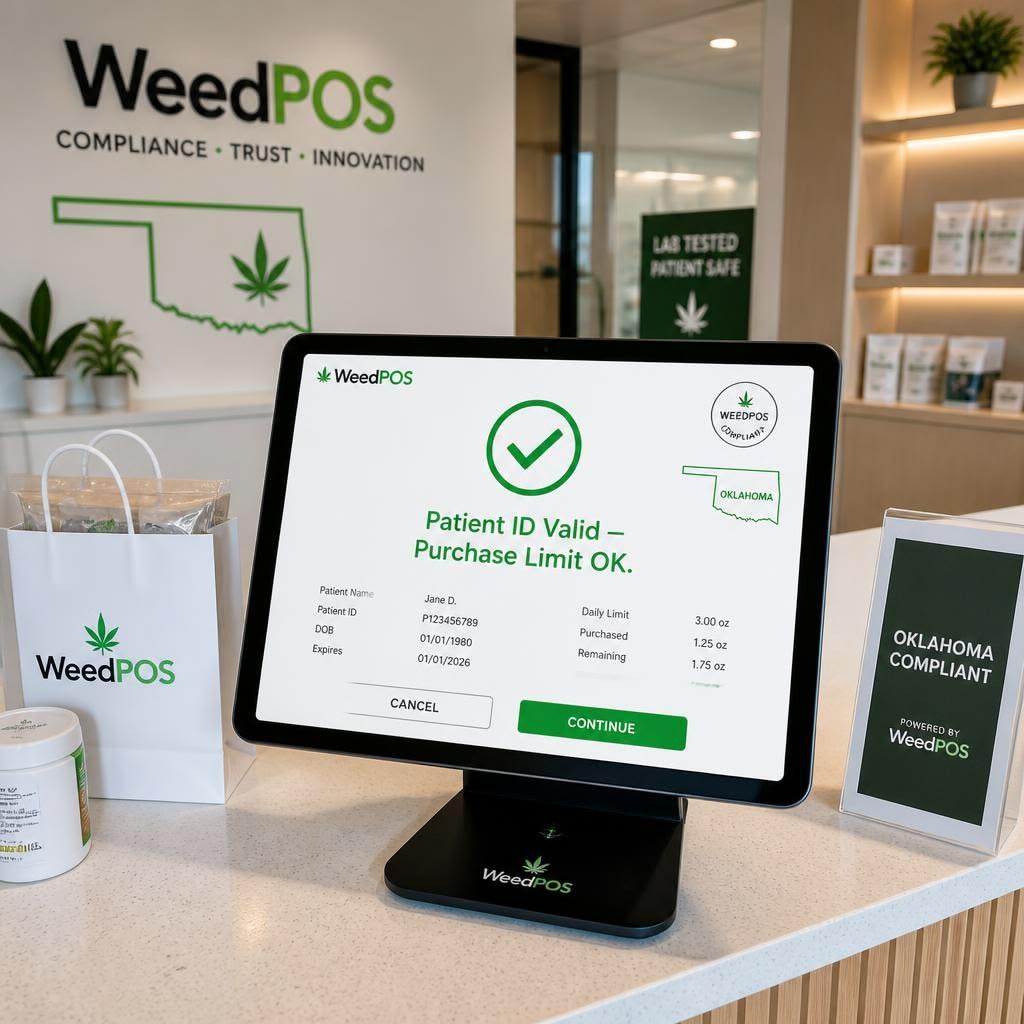 Budtender using cannabis POS software for patient ID checks and purchase limits at an Oklahoma dispensary
