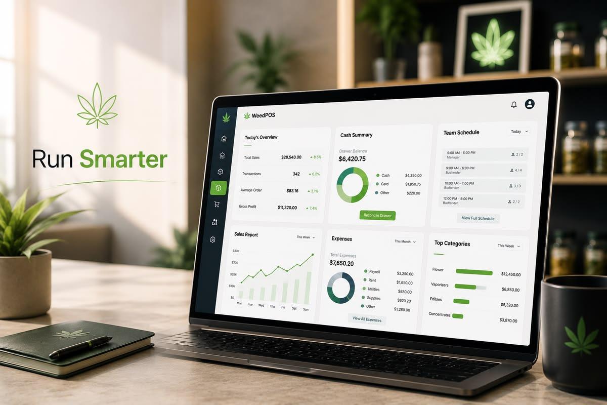 Weed POS operations dashboard showing cash management, HR scheduling, and reports