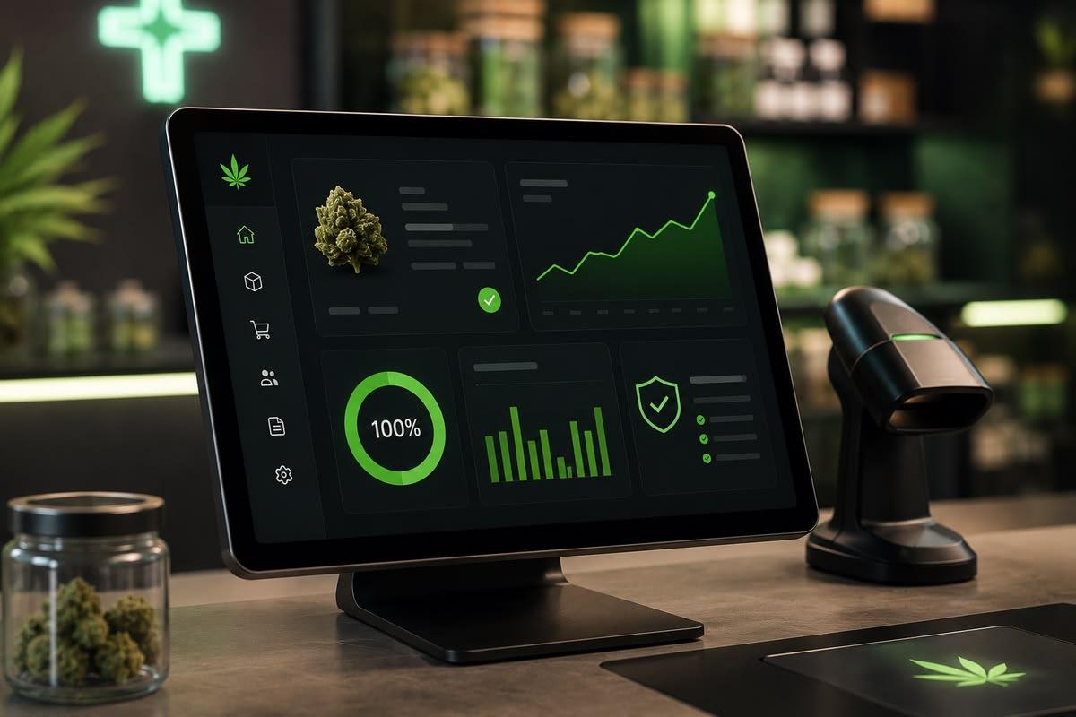 Dispensary manager reviewing automated METRC compliance reports in cannabis POS software