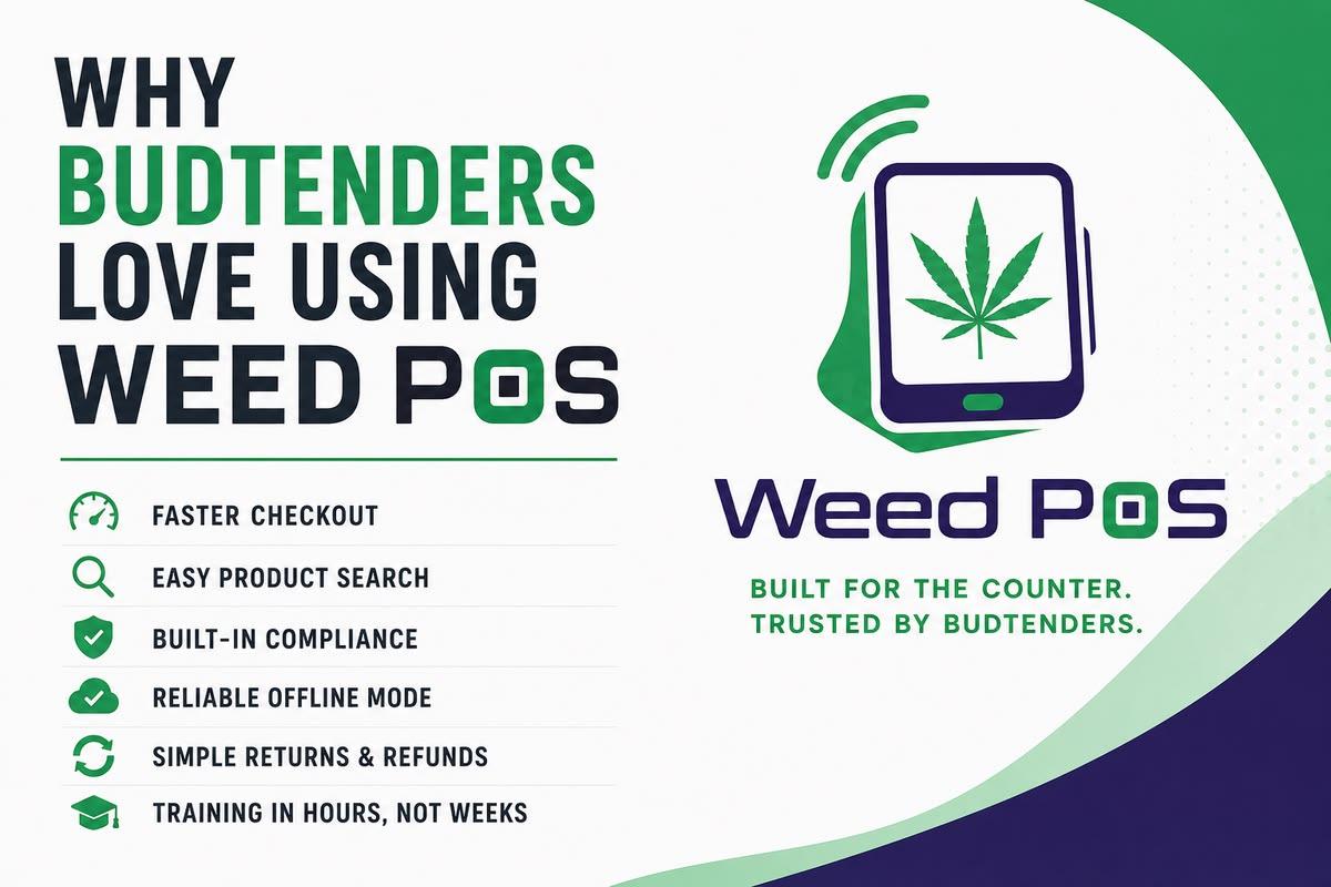 Budtender using Weed POS cannabis dispensary software at checkout